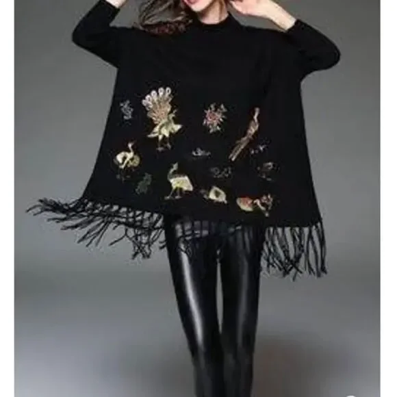 Keyingyi Beauty & Dignity cashmere blend peacock embroidery fringe tunic sweater - Picture 2 of 11
